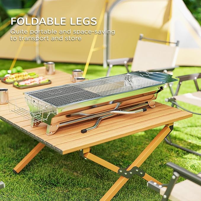 Folding Charcoal BBQ Grill with Storage Shelves, Portable Stainless Steel Charcoal Grill with Griddle Pan & Cooking Grate, Camping Picnic Hibachi Grill for Outdoor Cooking