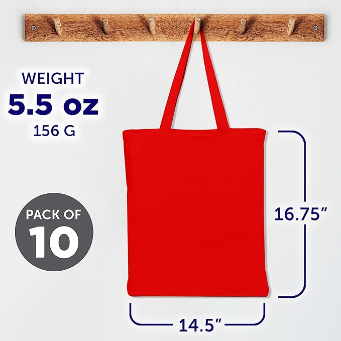 DISCOUNT PROMOS Cotton Canvas Tote Bags Set of 10, Bulk Pack - Reusable, Great for Shopping, Grocery, Beach, Picnic, Wedding Favors - Red