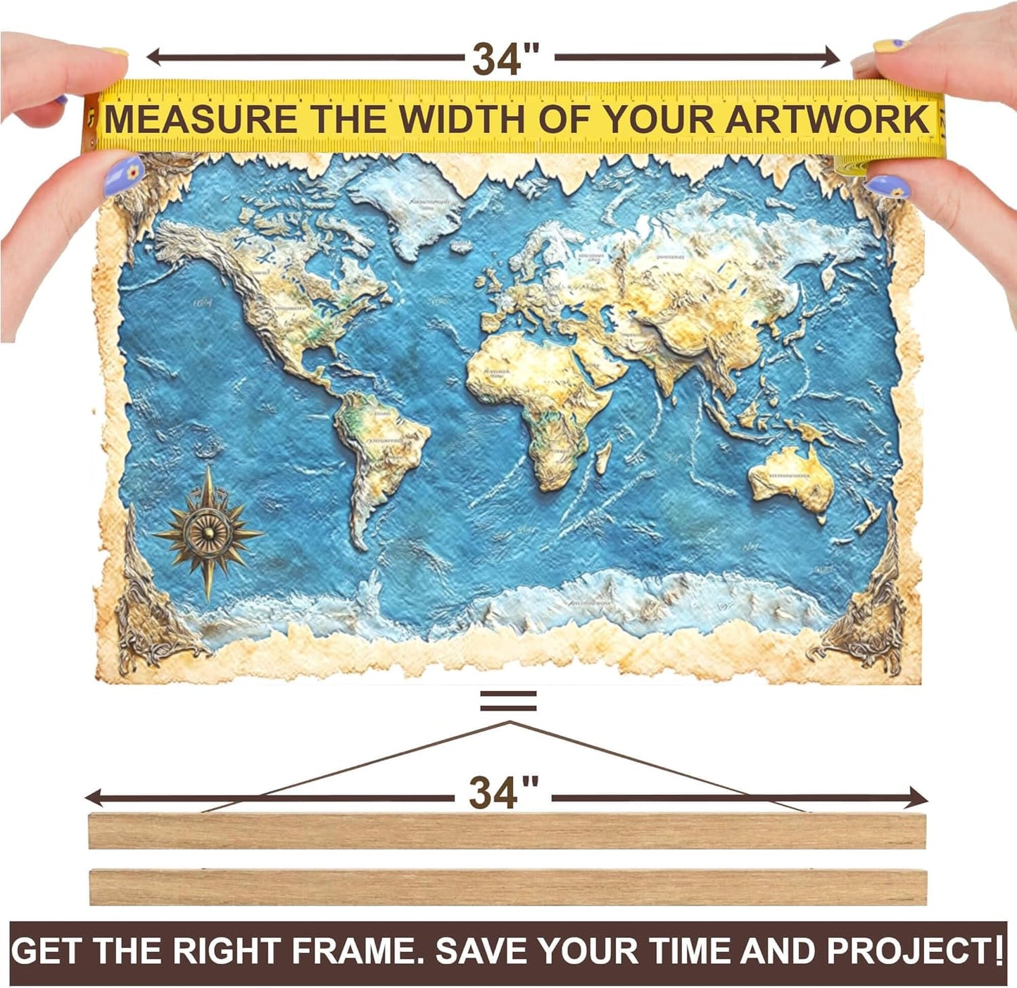 DACRI HOME 34 Inch Magnetic Poster Hanger Frame -Sturdy Teak Wood Poster Frame, Strong Magnets for Quick Hanging Maps, Posters, Picture, Print, Scroll Wall Art 34x22 34x23 34x24 (34", Natural Wood)