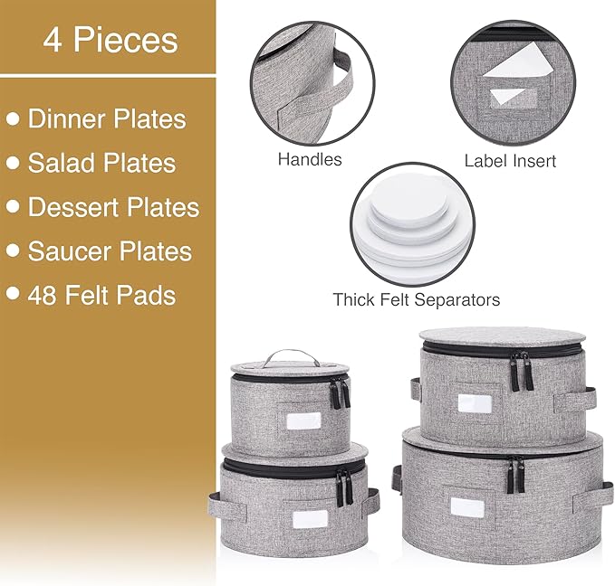 Set of 4 China Storage Cases for Dinnerware - Hard Shell and Stackable - Sizes: 12" - 10" - 8.5" and 7" W - 48 Plate Separators Included