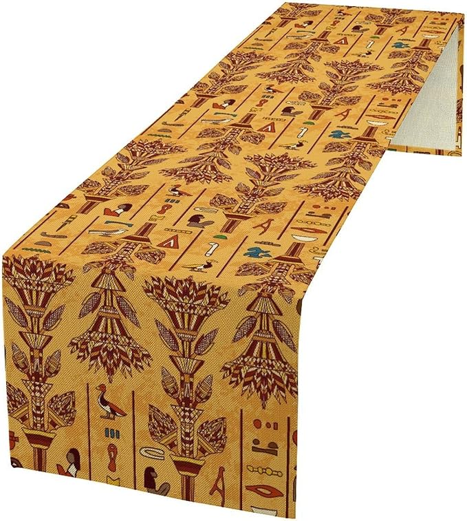 Egyptian Table Runner, Rustic Egypt Mythology Pharaohs African Hieroglyphs Old Alphabetic Table Runner for Kitchen Dining Room Farmhouse Party Banquet 13x108in