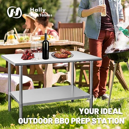 Hally Stainless Steel Table for Prep & Work 18 x 48 Inches, NSF Commercial Heavy Duty Table with Undershelf and Galvanized Legs for Restaurant, Home and Hotel
