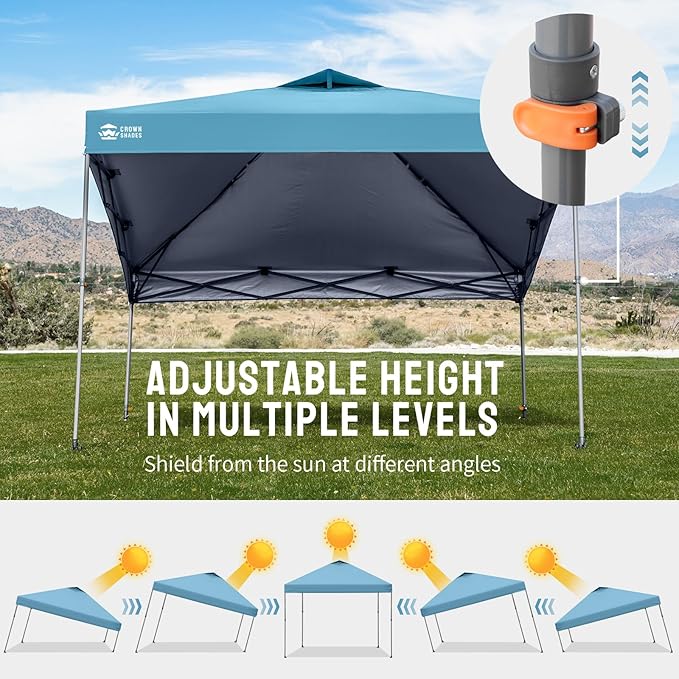 CROWN SHADES Adjustable Height on The Fly, 10x10 Pop Up Canopy - Beach Tent with One Push Setup - Easy Outdoor Sun Shade for Events, Parties, Camping - Outside Shade with STO-N-Go Bag, Cyan Blue