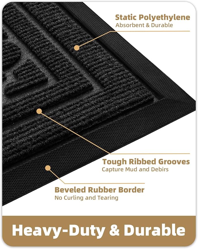 Color&Geometry Front Door Mat Outside Entrance, Heavy Duty Non Slip Low Profile Doormat for Entryway, Trap Dirt and Moisture Welcome Mats All-Weather, Easy Clean, Patio, Garage, 17"x30" Black