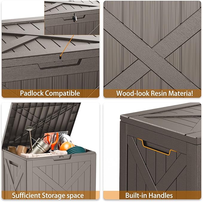 EasyUp 32 Gallon Outdoor Deck Box Waterproof, UV Resistant Resin Outdoor Storage Box for Delivery, Porch, Patio and Garden, X-Design Grey