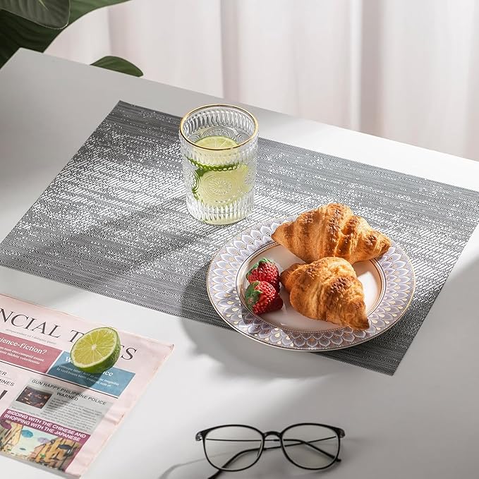 LEXMORE Placemats Set of 6 Vinyl/Plastic Woven Place Mats for Kitchen Table Indoor/Outdoor Washable Placemat Wipeable Dining Table Mats(Ombre Gray)
