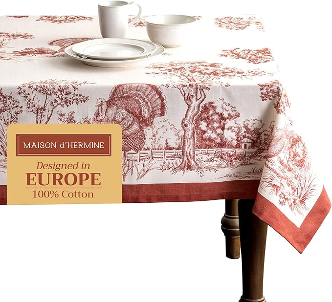 Maison d' Hermine Table Cloth Rectangle Table 100% Cotton 60 x 108 Inches Fall Tablecloth Reusable Everyday Use for Thanksgiving Christmas Decorations Dining Farmhouse Party (Holy Jouy - Red)