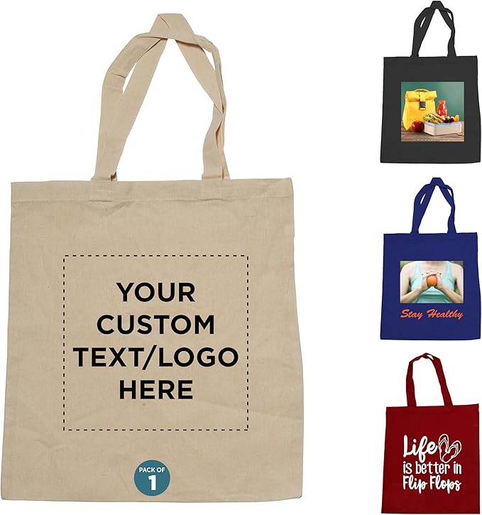 DISCOUNT PROMOS Custom Cotton Canvas Tote Bags Set of 1, Personalized Text, Logo, Picture - Reusable, Great for Shopping, Grocery, Beach, Picnic, Wedding Favors - Natural