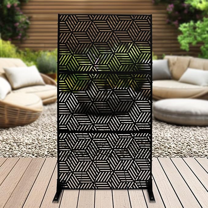 Outdoor Privacy Screens Freestanding, Rustproof Metal Decorative Fence Panels, Rhombic Pattern Tall Outdoor Divider Privacy Fence Screens for Outside Backyard Garden Patio,36.25x71.5inch (Black)