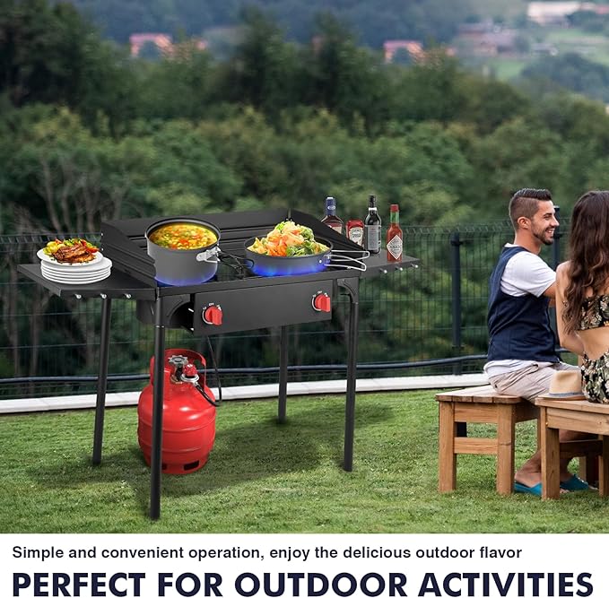 Llamaviva 2 Burner Propane Stove with Windpanel, Camping Stove with Side Shelves, 150000 BTU Propane Burners Removable Legs & Regulator Hose & Carrying Bag