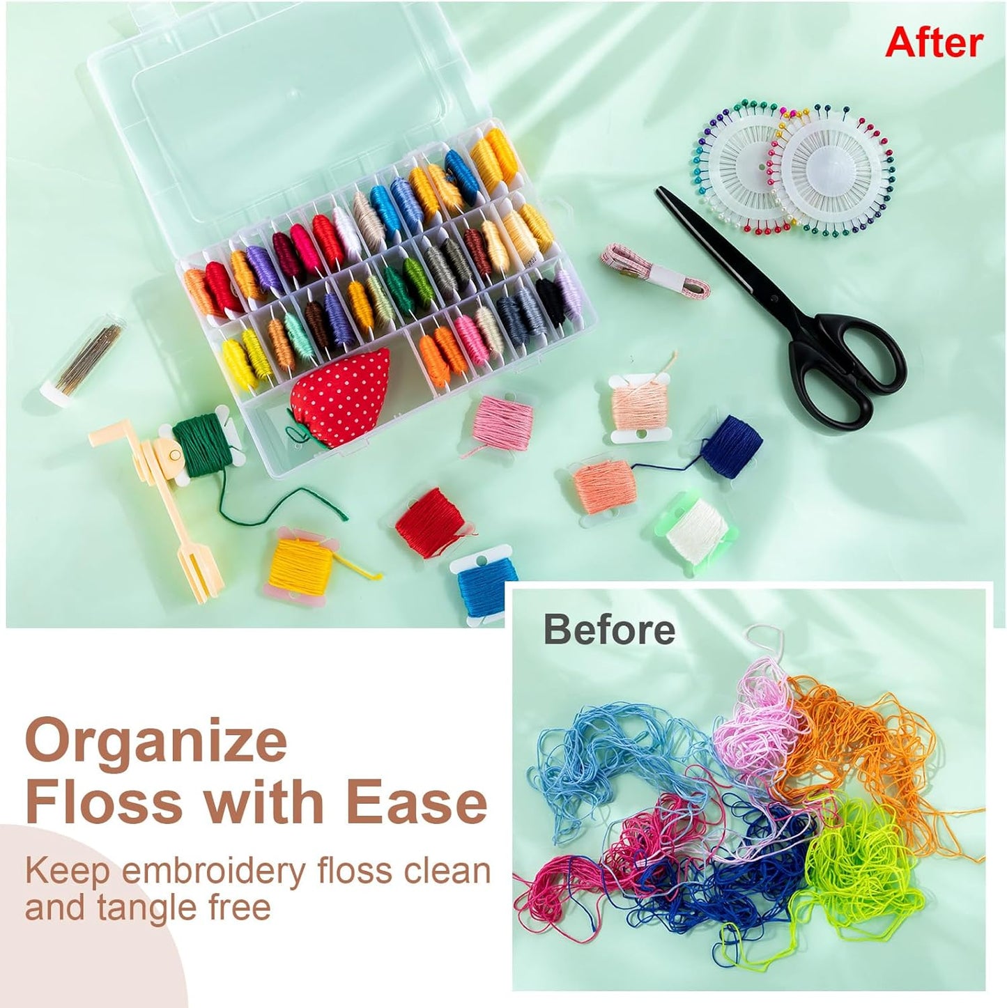 GlikCeil 256 Pcs Embroidery Floss Organizer Kit - 2 Removable 24-Grid Thread Storage Boxes with Plastic Bobbins, 2 Bobbin Winders, Twin-tip Markers for Cross Stitch, DIY Sewing, Craft Storage