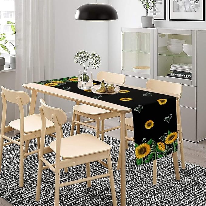 Sunflower Table Runner,Spring Summer Watercolor Floral Plants Leaves Print Table Runner for Kitchen Dining Table Home Holiday Party Indoor Outdoor Decor 13x70in