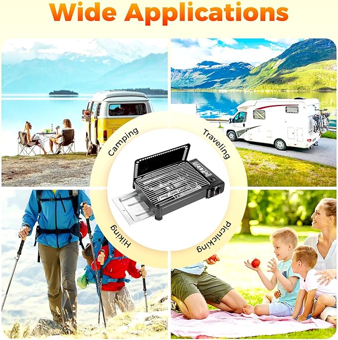 Portable Gas Grill Butane Stove, Tabletop BBQ Grill with Grilling Net and Baking Sheet for Camping Traveling Outdoor Cooking