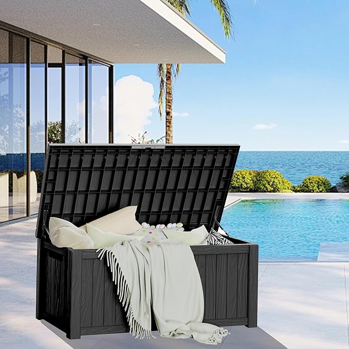 150 Gallon Resin Deck Box, Waterproof Outdoor Storage Box for Patio Furniture, Garden Tools, and Pool Accessories, Lockable UV-Resistant Storage Bin Bench Cabinet for Outside, Black