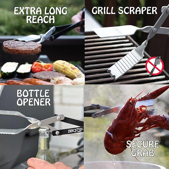 3-in-1 Barbecue Tool 21-inch by BBQ Croc - Extra Light and Xtra Long Tongs, Spatula and Grill Scraper (Black)