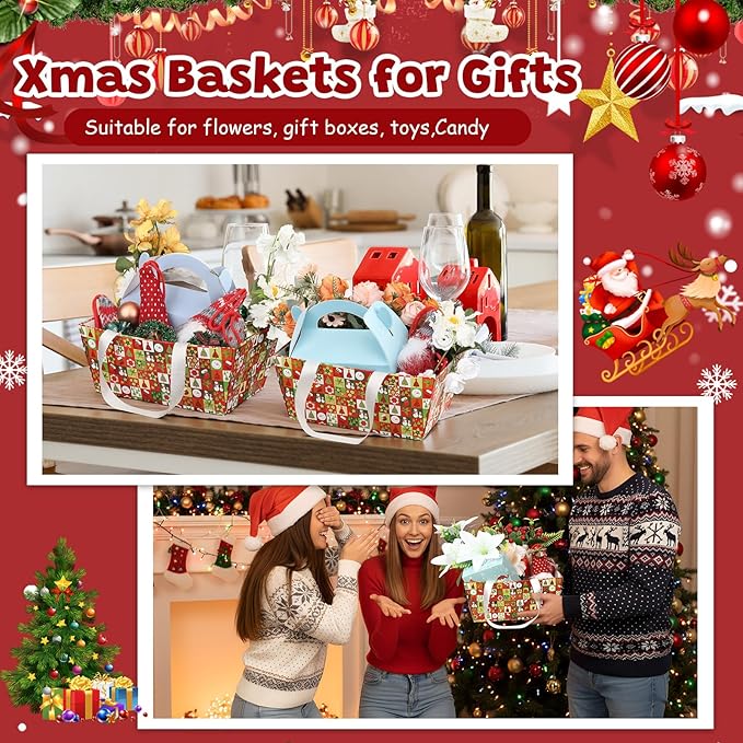 Pinkunn 48 Pcs Basket for Gifts Empty DIY Bulk Party Gift Basket Kit with Handles Market Trays for Packages Wrapping Wedding Party Anniversary Display(Red, Green,Christmas)