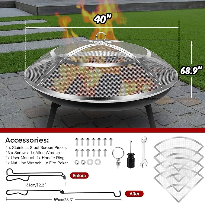 Fire Pit Spark Screen,40 Inch Fire Pit Screen Cover Stainless Steel Outdoor with Handle&Poker,Firepit Screens Cover Round Mesh Lid Heavy-Duty Steel Replacement for Backyard/Beach/RV Camping