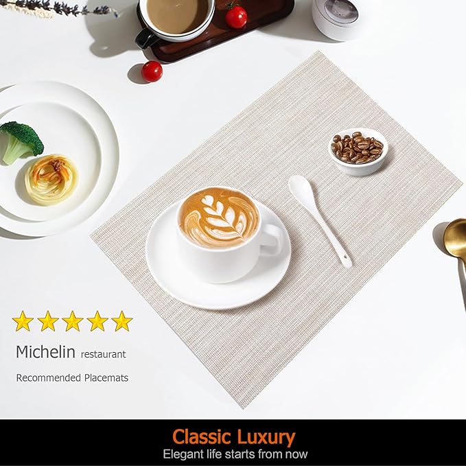 Placemats Set of 6 Washable&Wipeable Place mats for Dining Table Kitchen Indoor Outdoor Table Mats Heat Resistant Non Slip Woven Vinyl Table Placemats (Beige，6PCS)