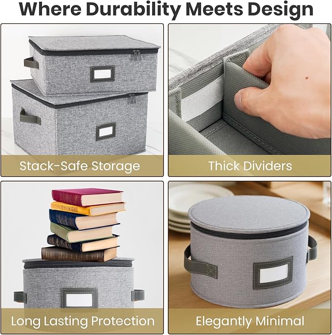 HOMELUX THEORY Platter Storage, Light Gray Hard Shell China Storage Containers With 5 FeltPads, Kitchen Storage Bins With Lids, Heavy Duty Moving Box for Packing Dishes, Dinner Plate,& Dinnerware