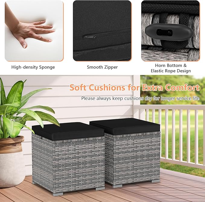 Tangkula 2 Pieces Patio Ottomans, Patiojoy Hand-Woven PE Rattan Side Table with Removable Cushion & Hidden Storage Space, Multifunctional Storage Box, Seat for Patio, Backyard, Poolside (Black&Grey)