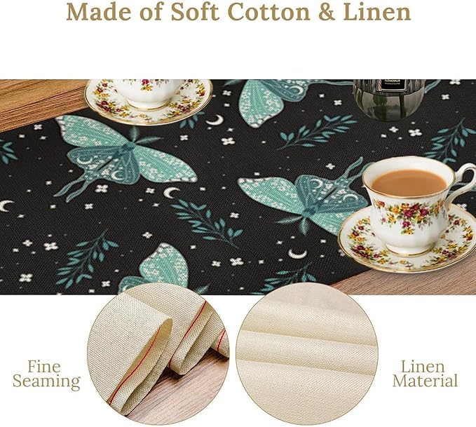 Butterfly Moth Table Runner, Boho Moon Green Leaves Plant Print Table Runner for Farmhouse Kitchen Dining Table Holiday Party Home Decor 13x60in