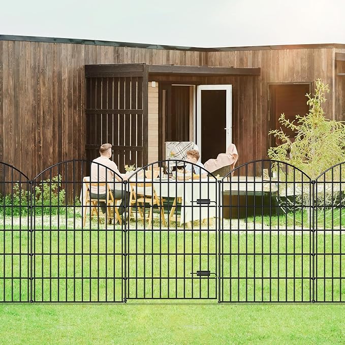 Metal Garden Fence with Gate 42in (H) x 23.3ft (L), 1 Gate+ 9 Panels Dog Fence Border Fence Animal Barrier, No Dig Garden Fencing for Yard Flower Bed Lawn Patio Outdoor, ECG4210, Black