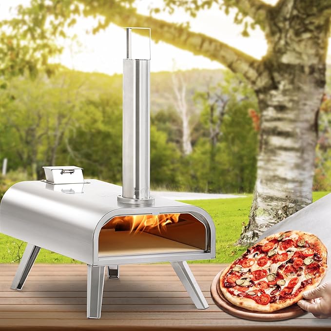 BIG HORN OUTDOORS 16" Woodfire Pizza Stone Oven, 1112°F Outdoor Stainless Pizza Cooker, Portable for Party Usage, Sliver