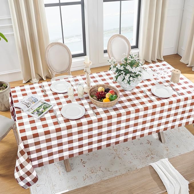 Softalker Gingham Checkered Tablecloth Square - Outdoor Waterproof Buffalo Plaid Table Cloth, Stain Resistant Washable Table Cover for Picnic, Camping, Dining - Rust and White, 54 x 54 Inch