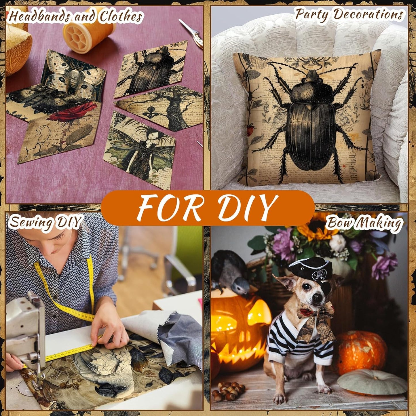 Ganeen 60 Pcs 10 x 10 Inch Vintage Halloween Quilting Fabric Squares Retro Halloween Fat Patchwork Precut Strips Rustic Crow Skull Fabric Bundles for Holiday DIY Craft Sewing Quilt Material Handmade