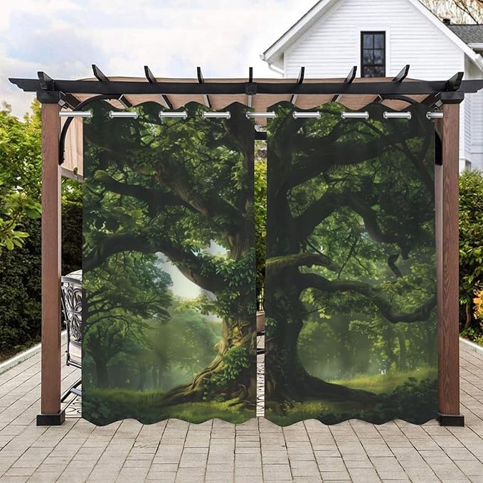 Nature Theme Waterproof Indoor/Outdoor Curtains,Forest Pattern,UV and Fade Resistant Outside Curtains for Gazebo, Front Porch, Pergola,2 Panel,54 x 96 inch,Green