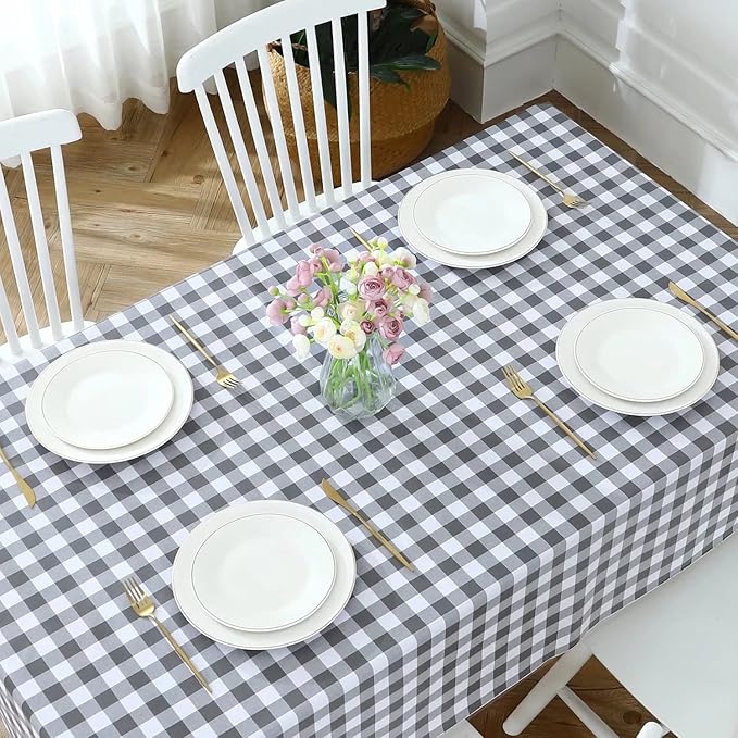 Romanstile Rectangle Vinyl Tablecloth, 100% Waterproof Buffalo Gingham Plastic Table Cloth, Heavy Duty Wipeable Checkered Table Covers for Outdoor, Camping, Picnic, Patio - 60 x 102, Grey and White