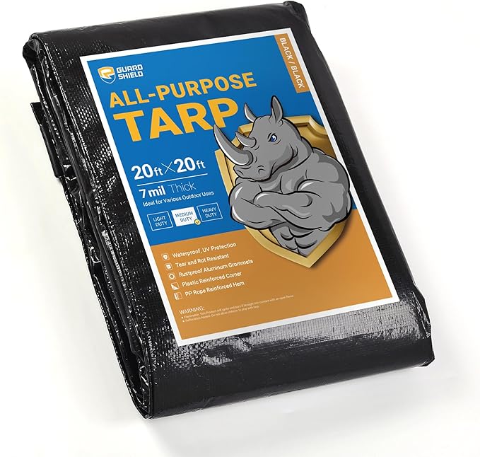 GUARD SHIELD Black Tarp Waterproof 20x20 Feet Medium Duty All Purpose Poly Tarps Cover 7mil
