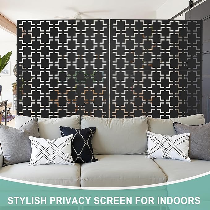 Metal Privacy Screen for Outdoor & Indoor Use, Free Standing Privacy Screen for Patio Garden Pool, 72" H x 47" W Decoative Privacy Panels, Weather Resistant, Easy Assembly (Black Square Floral)