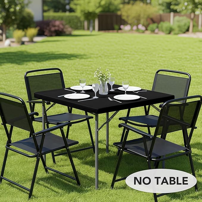 LUSHVIDA Vinyl Card Tablecloth with Flannel Backing 36x36 inch - Waterproof Plastic Picnic Table Cover for Square Folding Table Cloth with Elastic Corners, Black