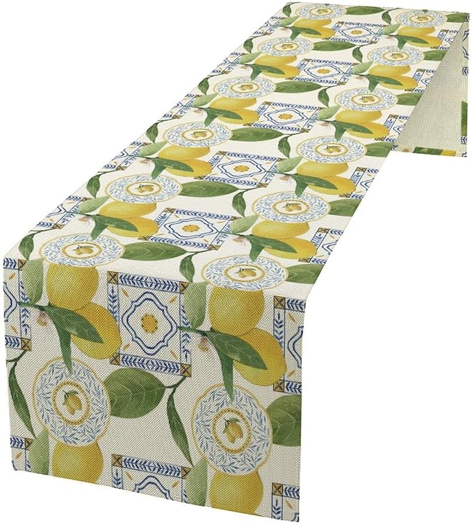 Tiles Lemon Table Runner, Watercolor Italian Tile Floral Plant Print Table Runner for Farmhouse Coffee Home Kitchen Dining Outdoor Party 13x108in