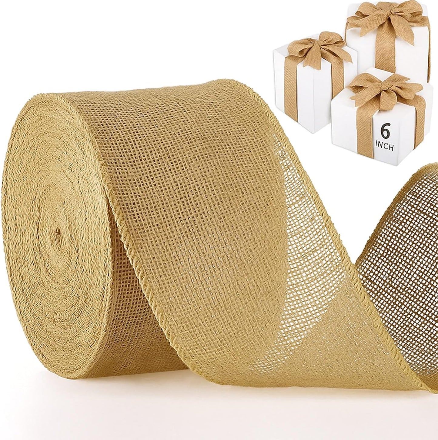 Chuangdi 20 Yard 6 Inches Burlap Ribbon Wide Jute Ribbon Natural Burlap Fabric Roll Wired Edge for Wreaths, Christmas Tree Decoration, Big Bow Crafts, Gift Wrapping, Wedding