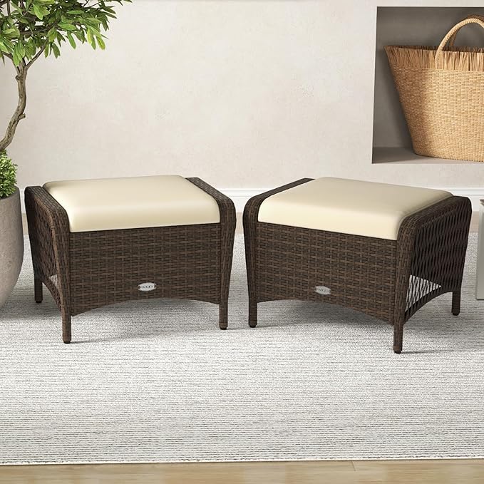 Tangkula 2 Pieces Outdoor Patio Wicker Ottomans with Removable Cushions, Outside Footrest for Additional Seating, Footrest and Side Table, for Porch, Garden and Backyard