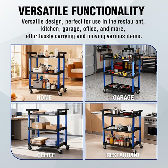 WORKPRO 3-Tier Service Utility Cart, 400LBS Plastic Rolling Cart with Handles & Lockable Wheels, Heavy Duty Storage Cart for Restaurant, Kitchen, Office, Garage, Warehouse