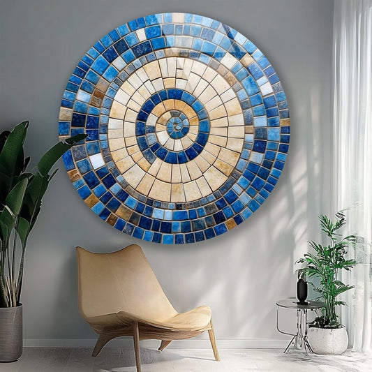 My Photostation.com 10''(25cm) Diameter Coastal Sunburst Beige & Blue Round Glass Wall Art Tempered Glass Printing Wall Decor Large Wall Art Wall Hangings