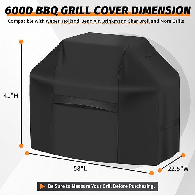 iCOVER Grill Cover 58 inch, BBQ Grill Cover for Outdoor Grill, 600D Heavy-Duty Waterproof Gas Grill Cover, Barbecue Cover for Weber, Charbroil, Brinkmann, Nexgrill and More, Black