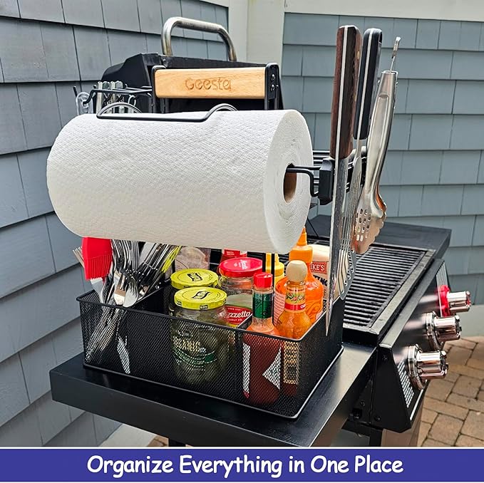 Geesta Grill Caddy for Outdoor Grill, BBQ Picnic Camping Caddy with Paper Towel Holder & Magnetic Tool Holder, Condiment Storage Utensil Kitchen Organizer for RV Camper, Tailgate Accessories