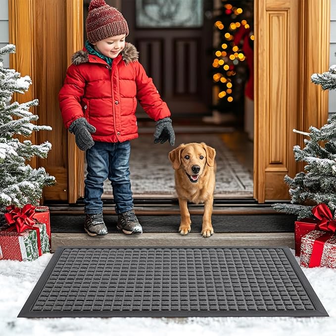 Smiry Front Door Mat Outside Entrance, Heavy Duty Natural Rubber Doormat, Non Slip, Trap Dirt and Moisture, Easy Clean, Low Profile Welcome Floor Mats for Indoor Outdoor Entry, 29.5x17 Inch, Grey