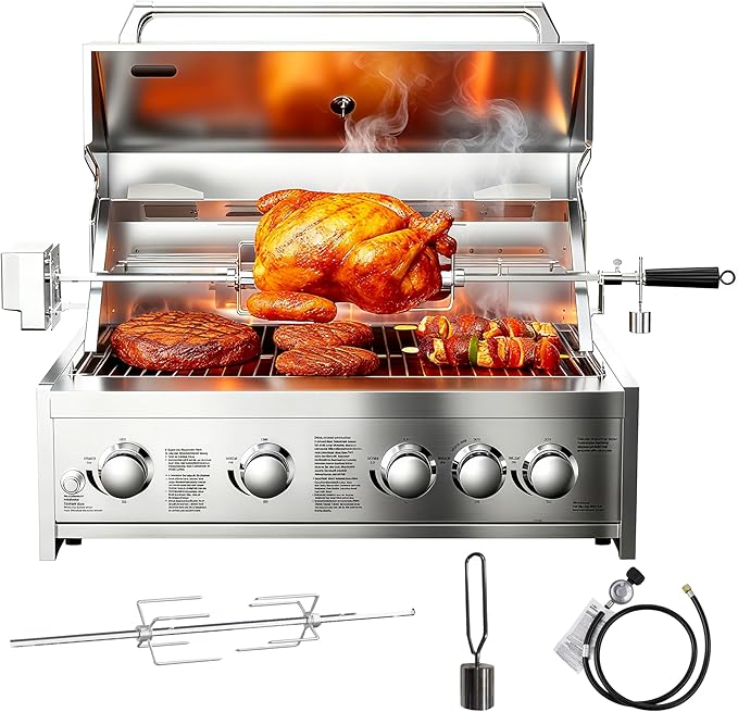BODEGA 30 Inch 5-Burner Propane Gas Grill with Rotisserie Chicken Fork Kit, 58000-BTU Outdoor Gas Grill for Kitchen, LPG/NG Convertible, Backyard BBQ Grill with Temperature & Rear Infrared Burner.