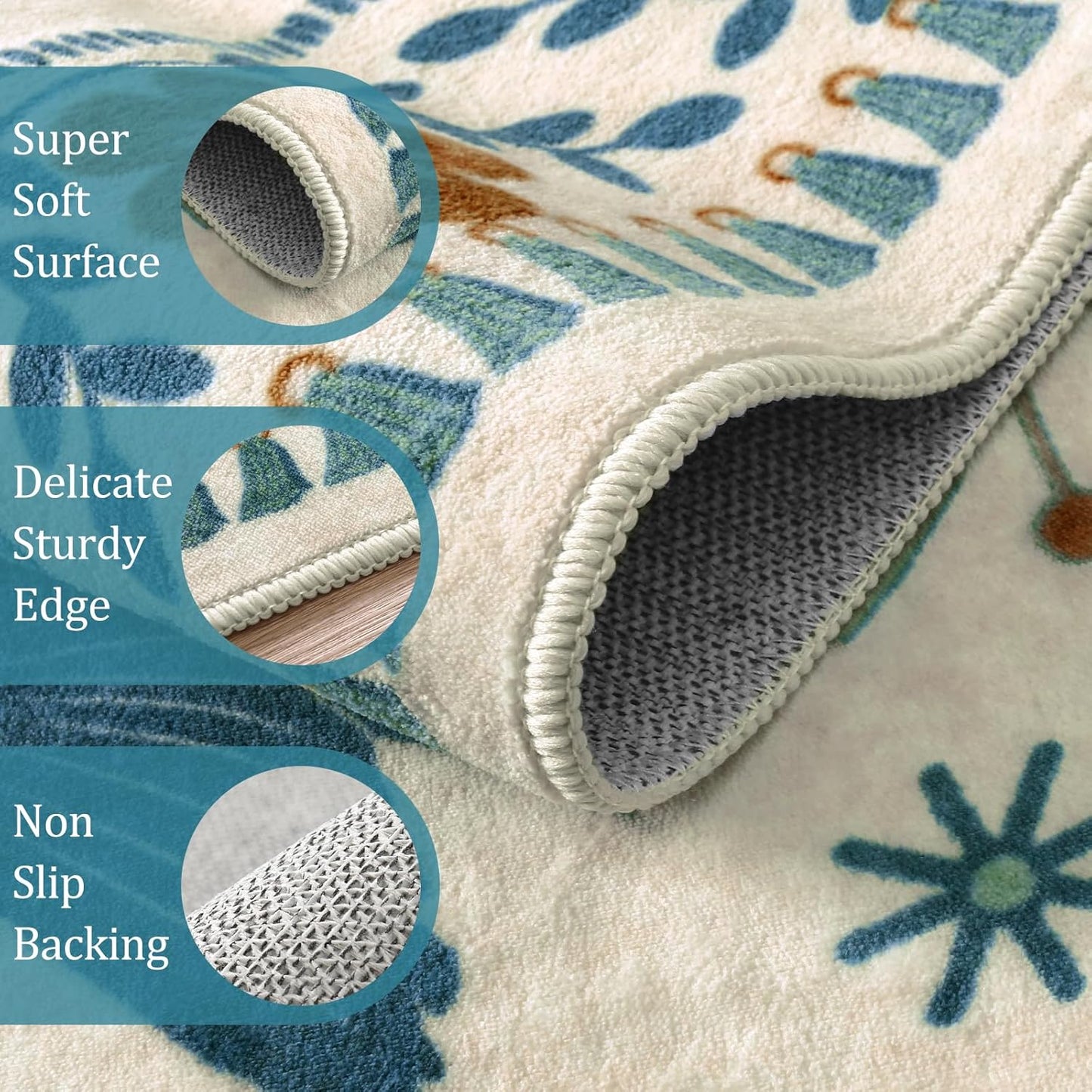 Morebes Washable Floral 8x10 Area Rugs for Living Room, Soft Insect Rug for Bedroom Non Slip, Ultra-Thin Distressed Birds Indoor Floor Throw Carpet for Classroom Playroom Farmhouse, Beige/Multi