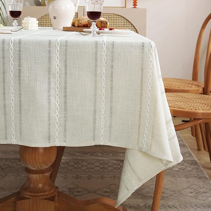 Chassic 60 x 104 inches Farmhouse Style Linen tablecloths, Wrinkle Resistant Washable Dining Room Table Cloths for 6 Foot Rectangle Tables - Hemstitch Beige