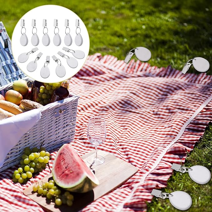 Geiserailie 12 Pcs Tablecloth Weights Tablecloth Pendant Teardrop Shape Table Cover Weights with Metal Clips for Outdoor Picnic Garden Dinner Table Cover Decoration(White)