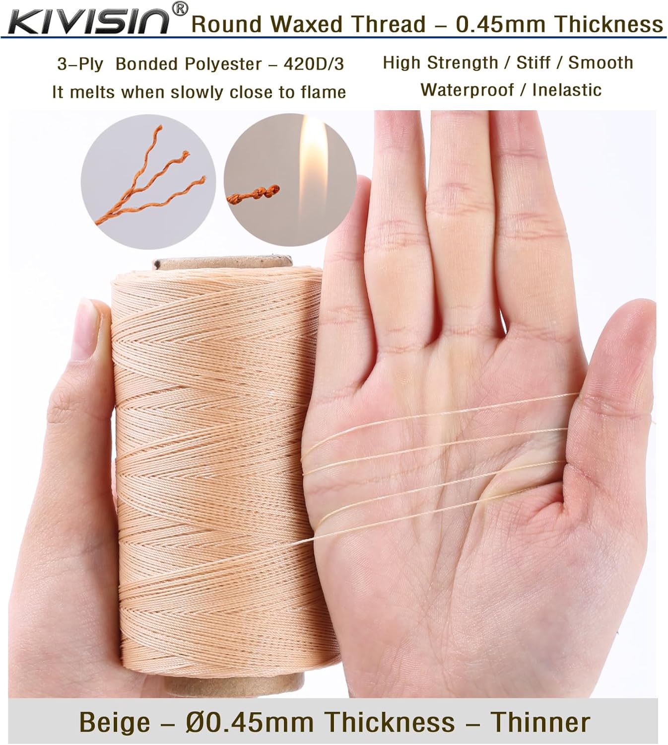 Thin Wax Polyester Thread, 0.45mm, 547 Yards, 3 Ply Round Waxed Cord Strings for Sewing, Beading, Binding, Micro Braiding, Fine Leather Craft and Micro Macrame Jewelry - Beige