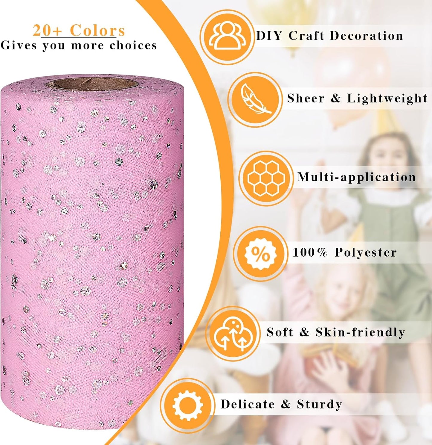 Glitter Tulle Rolls, 6' by 50 Yards (150FT) Sequin Tulle Netting Fabric for Tutu Skirts Sewing Birthday Wedding Party Decoration (Pink)