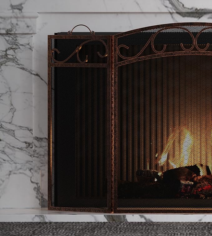 Fire Beauty Fireplace Screen 3 Panel with Handles Wrought Iron 51"(L) x31(H) Spark Guard Cover(Brushed Copper)