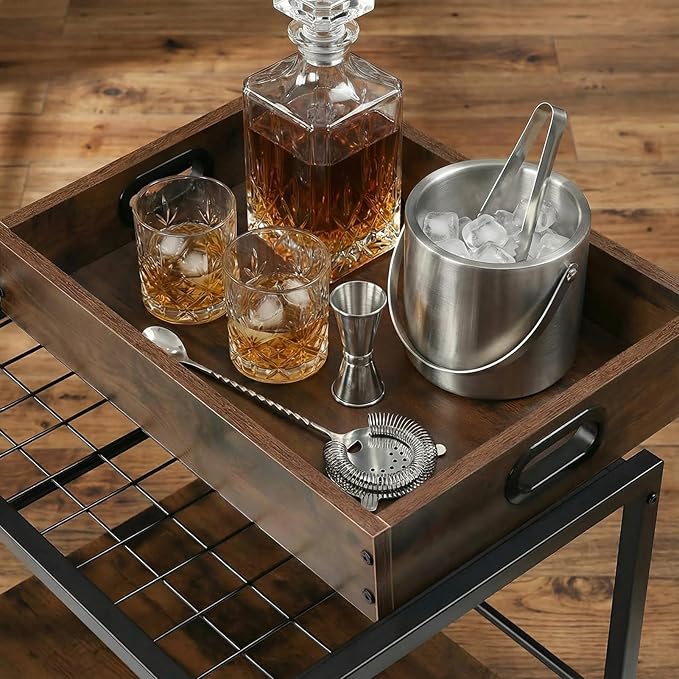 3-Tier Bar Cart for The Home, Rolling Cart with Wheels and Handle, 3-Tier Serving Cart with Removable Tray, Kitchen Carts on Wheels with Storage